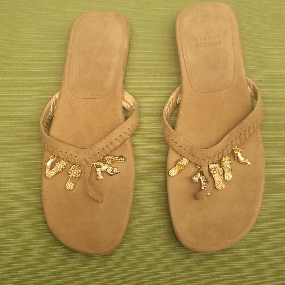 Stuart Weitzman shoe charm trimmed suede sandals, size 9.5